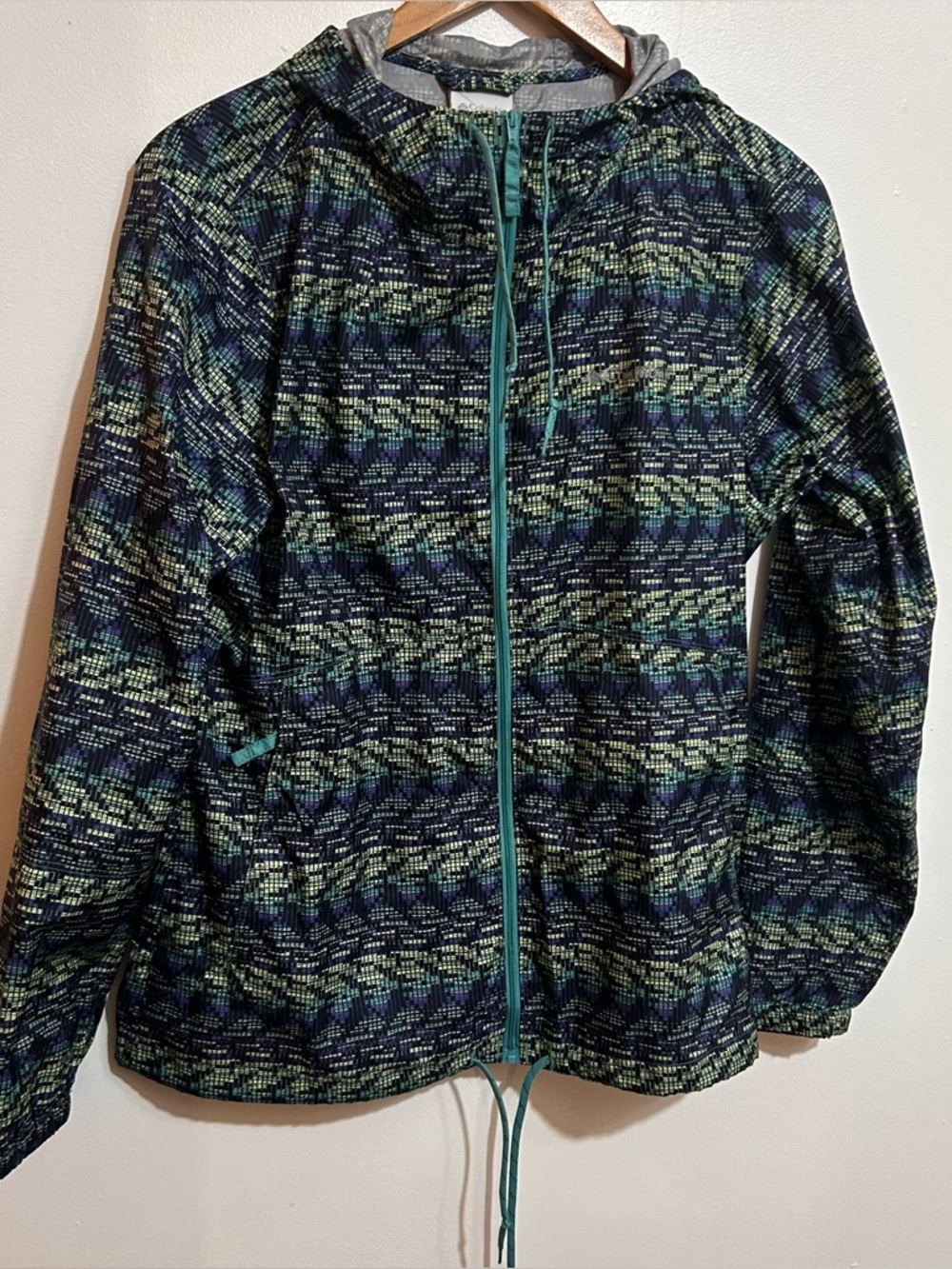 Columbia Printed Lightweight Zip Up Hooded Jacket Blue Green Black Size Medium